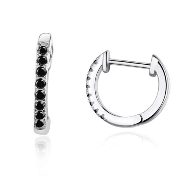 14K Gold Plated 925 Sterling Silver Black CZ Huggie Hoop Earrings - Picture 1 of 8